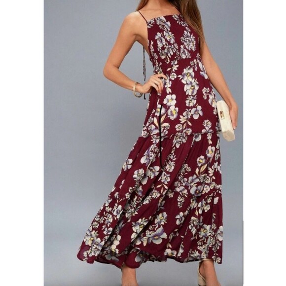 Free People Intimately Red Garden Party Smocked Floral Maxi Dress Size Medium - Picture 3 of 12